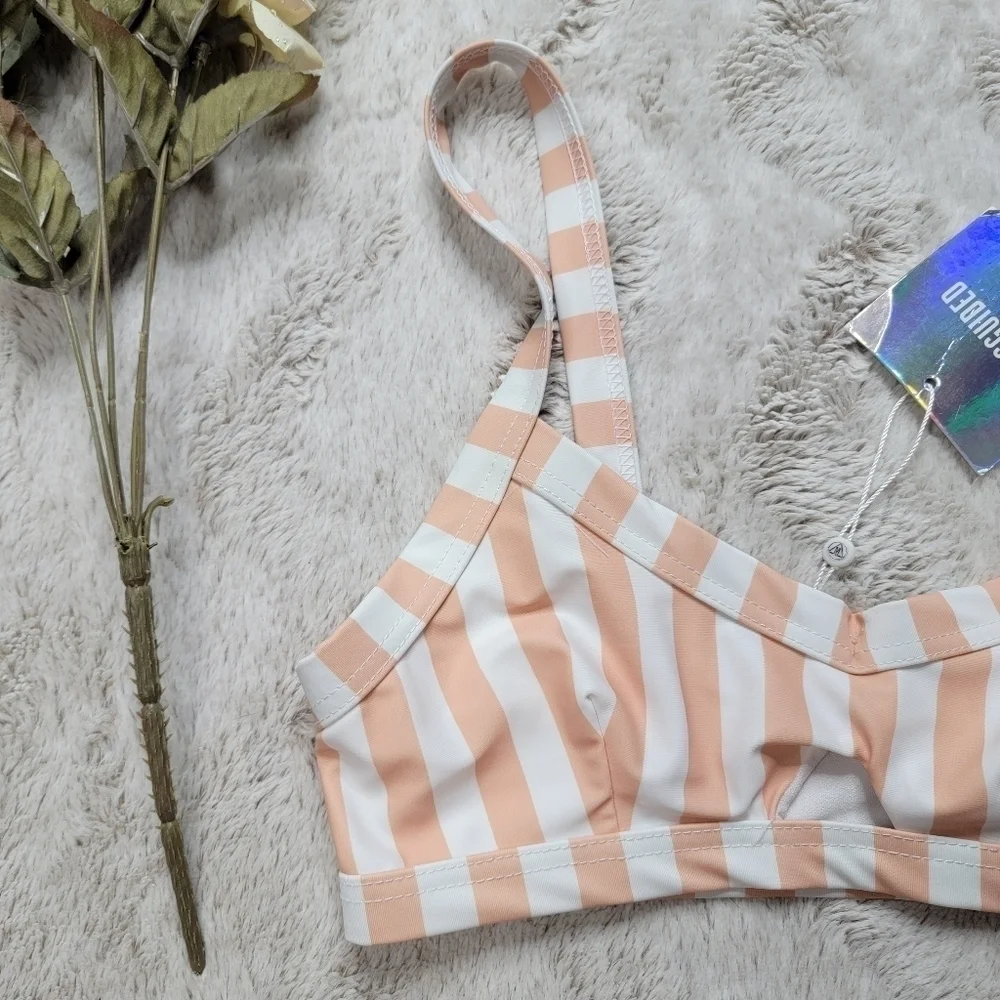 Missguided Stripe Cut Out Bikini Swim Top White Peach NWT Size 6 - Picture 4 of 12